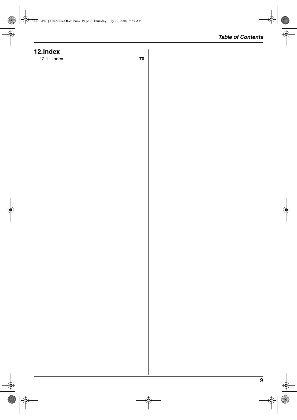 Index | Panasonic KX-FL421 User Manual | Page 9 / 72