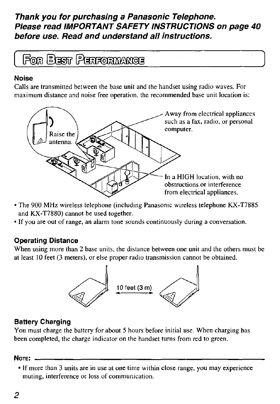 Noise, Operating distance, Battery charging | Panasonic KX-TD7895 User Manual | Page 2 / 48