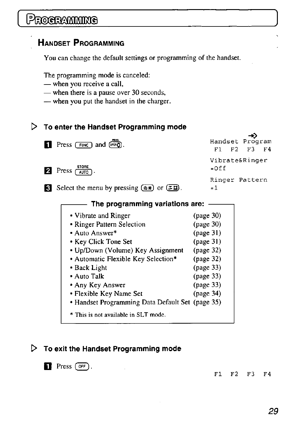 To enter the handset programming mode, T> to exit the handset programming mode | Panasonic KX-TD7895 User Manual | Page 29 / 48