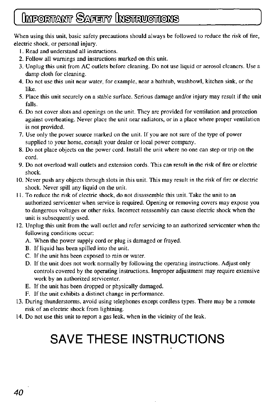 Save these instructions | Panasonic KX-TD7895 User Manual | Page 40 / 48