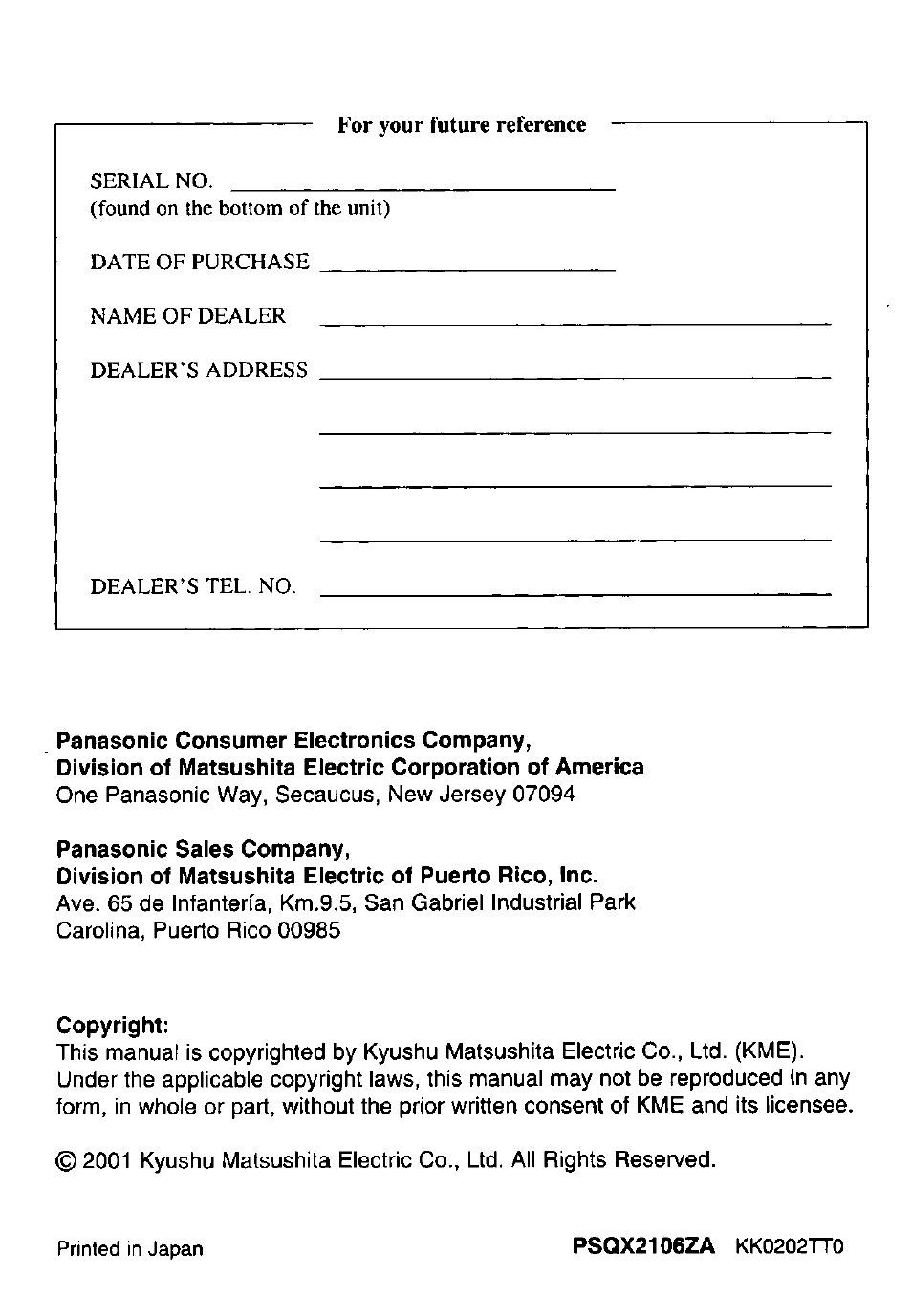 Panasonic consumer electronics company, Panasonic sales company, Copyright | Panasonic KX-TD7895 User Manual | Page 48 / 48