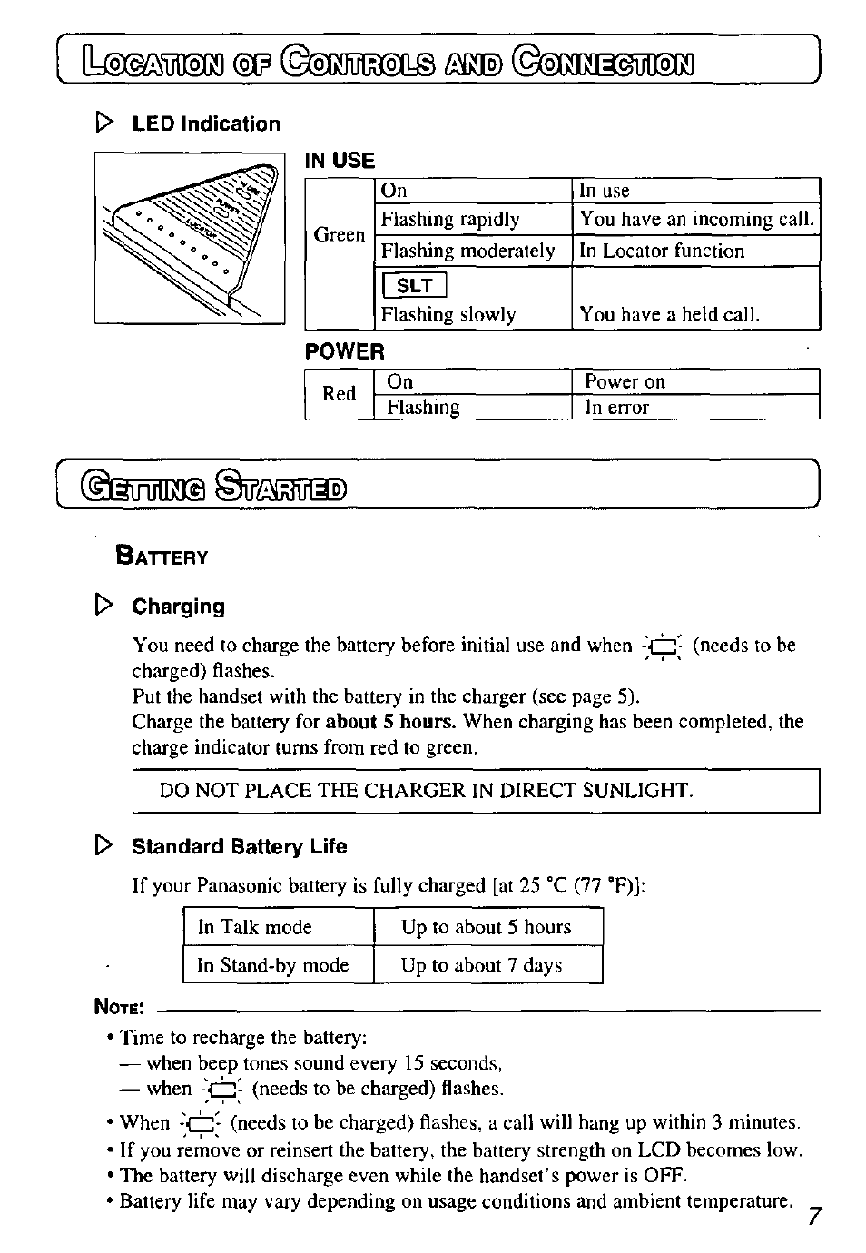 Led indication, In use, Power | Charging, Ginldos ©diimflll) | Panasonic KX-TD7895 User Manual | Page 7 / 48