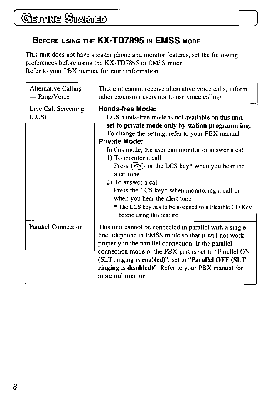 Hands-free mode, Kx-td7895, Emss | Panasonic KX-TD7895 User Manual | Page 8 / 48