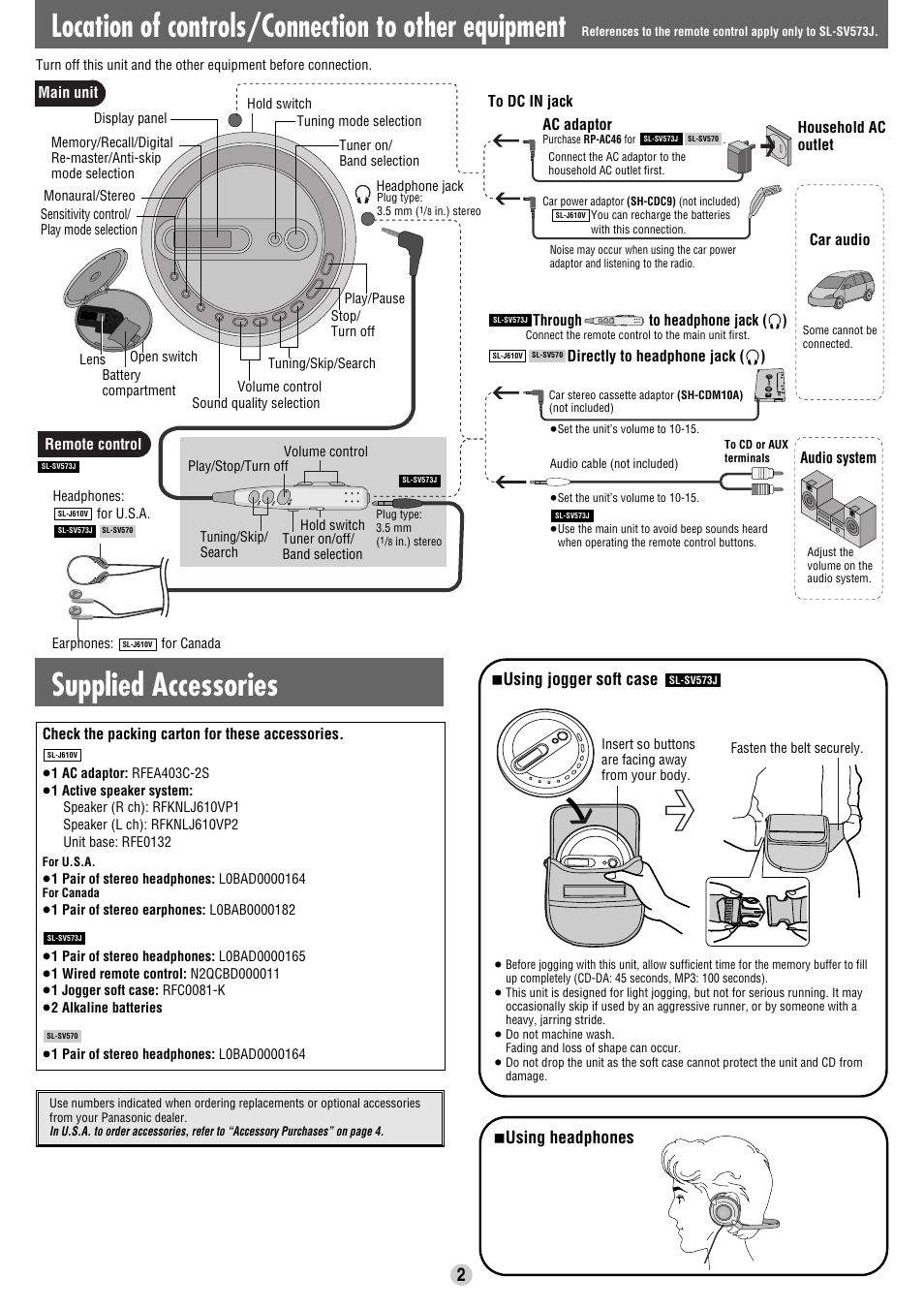 Location of controls/connection to other equipment, Supplied accessories, Using jogger soft case | Using headphones | Panasonic SL-SV573J User Manual | Page 2 / 8
