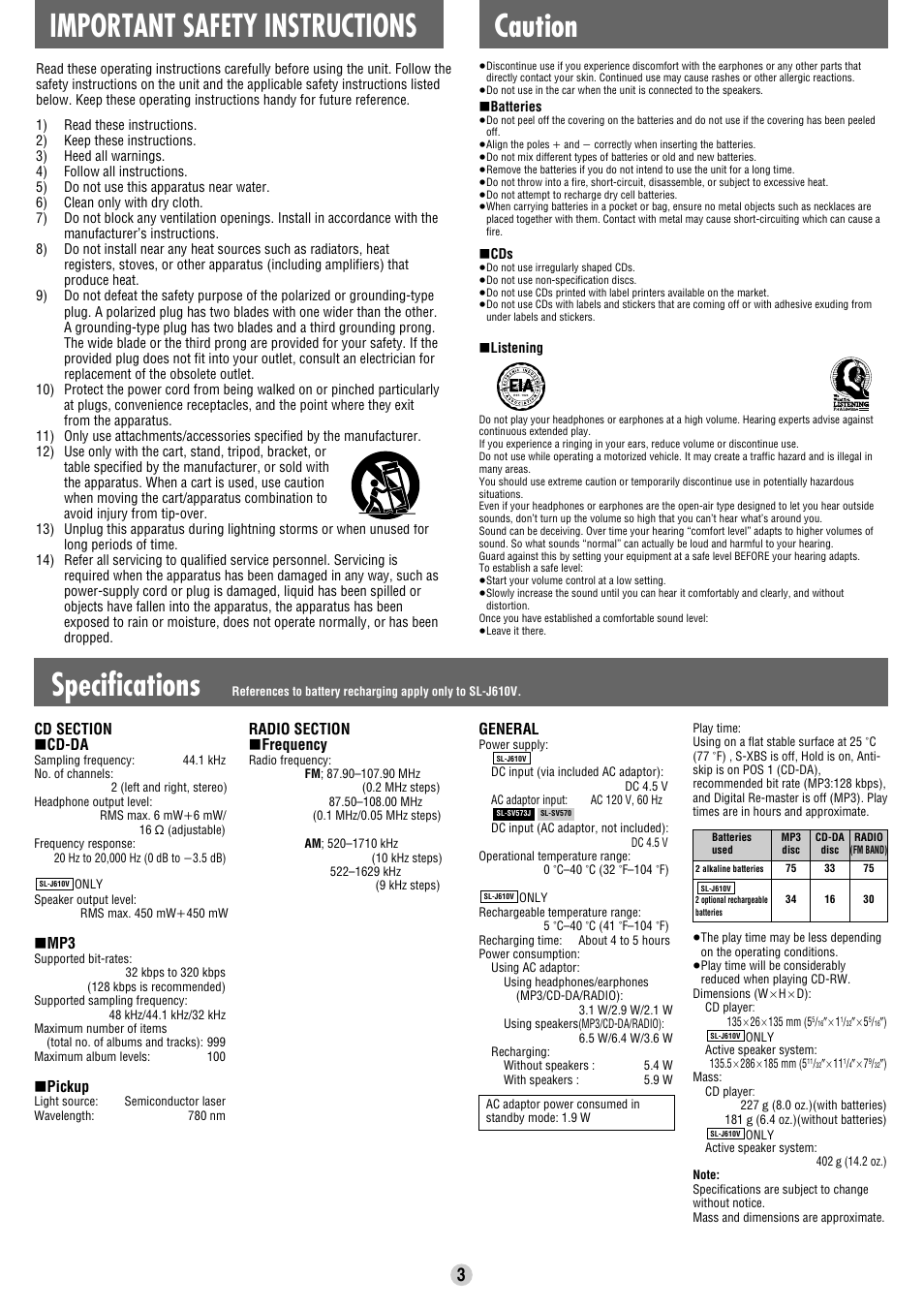 Important safety instructions, Specifications, Caution | Pickup, General | Panasonic SL-SV573J User Manual | Page 3 / 8