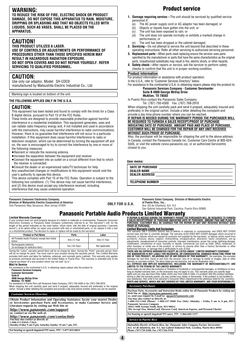 Caution, Warning, Product service | Panasonic portable audio products limited warranty | Panasonic SL-SV573J User Manual | Page 4 / 8