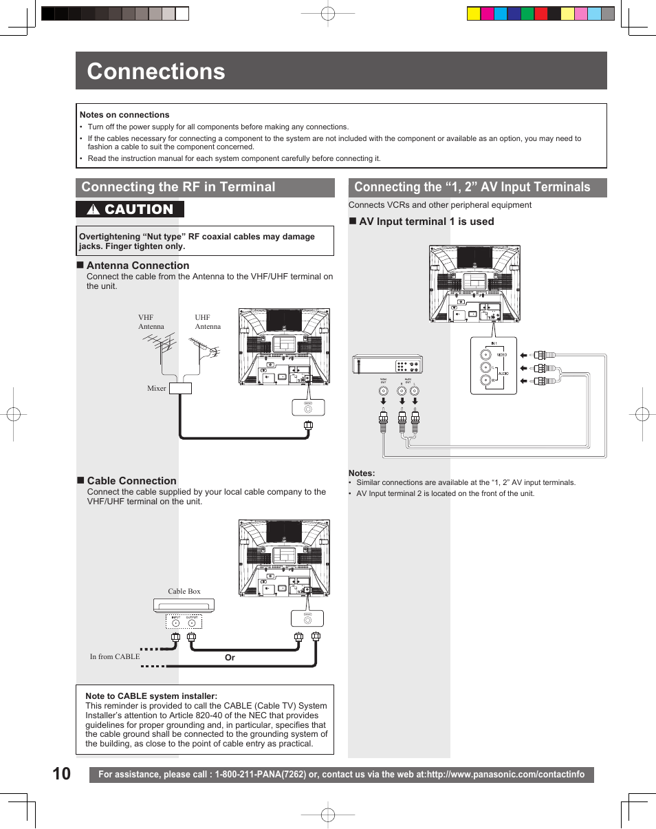 Connections, Connecting the rf in terminal, Connecting the “1, 2” av input terminals | Caution | Panasonic PV-DF206M User Manual | Page 10 / 64