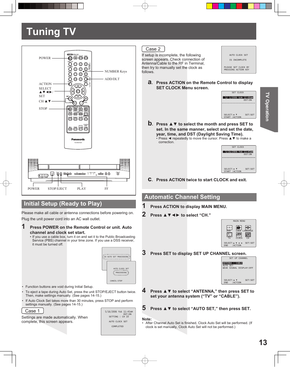 Tv and vcr operation, Tuning tv, Initial setup (ready to play) | Automatic channel setting | Panasonic PV-DF206M User Manual | Page 13 / 64