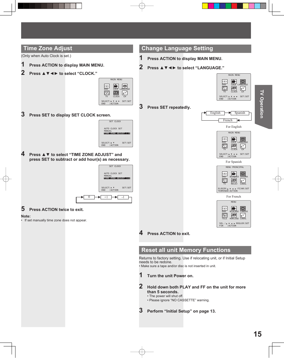 Time zone adjust, Tv operation | Panasonic PV-DF206M User Manual | Page 15 / 64