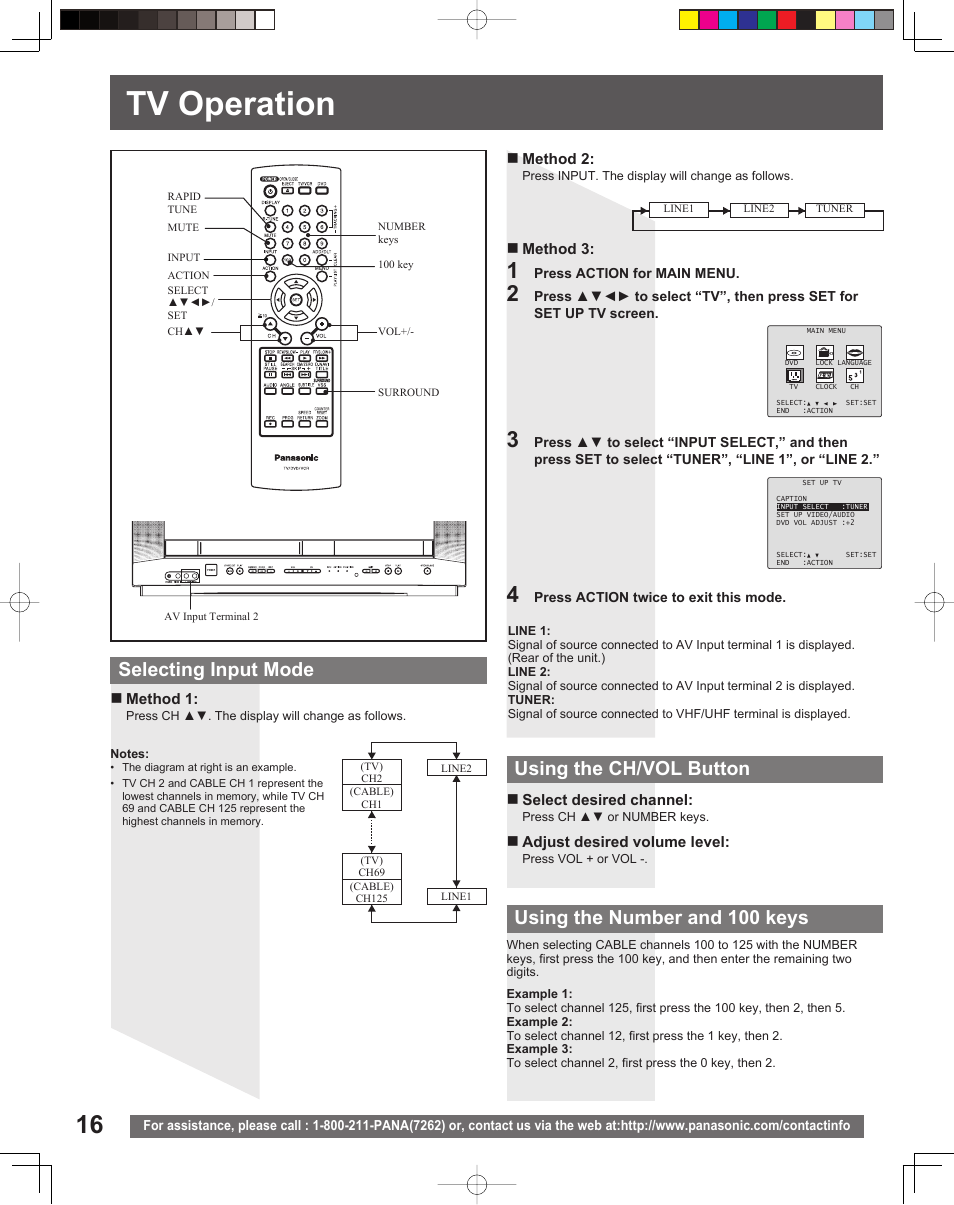 Tv operation, Selecting input mode using the ch/vol button, Using the number and 100 keys | Panasonic PV-DF206M User Manual | Page 16 / 64