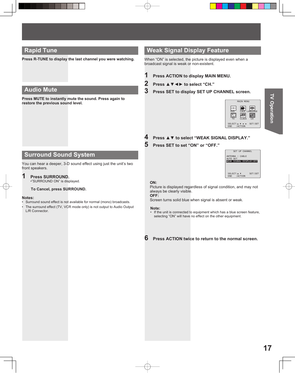 Surround sound system, Weak signal display feature, Audio mute rapid tune | Panasonic PV-DF206M User Manual | Page 17 / 64