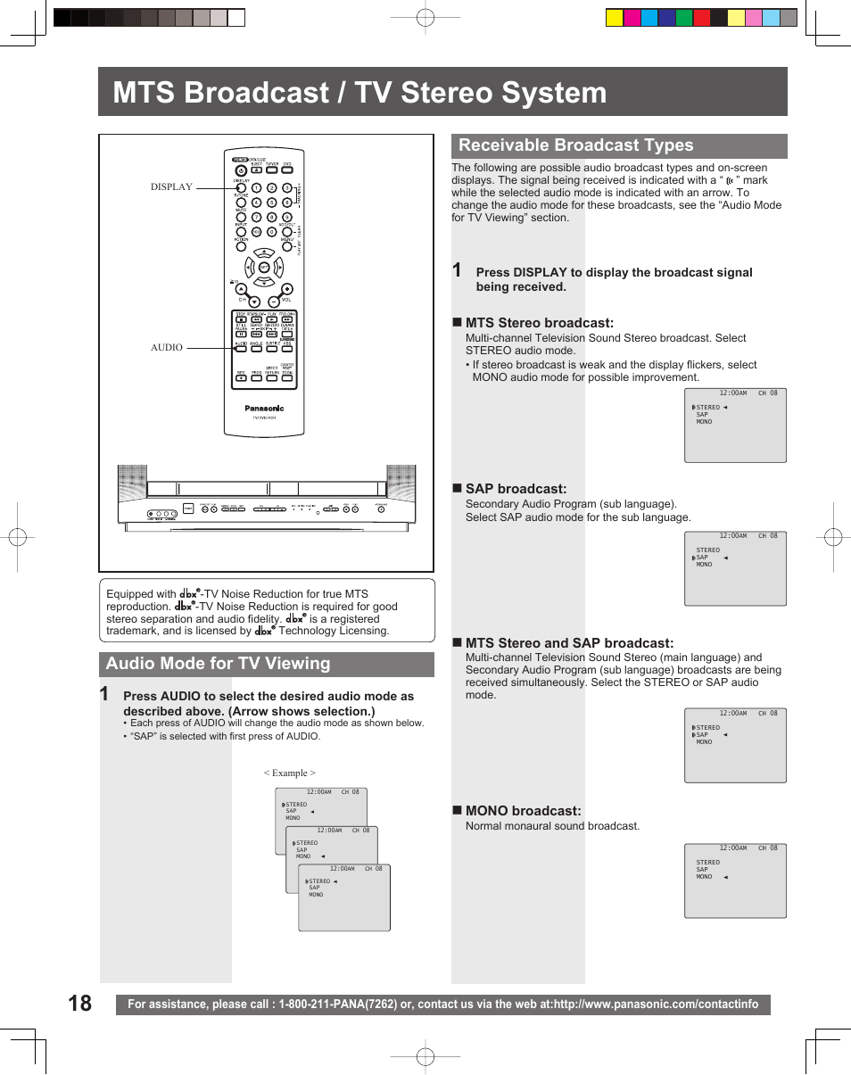 Mts broadcast/tv stereo system, Mts broadcast / tv stereo system | Panasonic PV-DF206M User Manual | Page 18 / 64