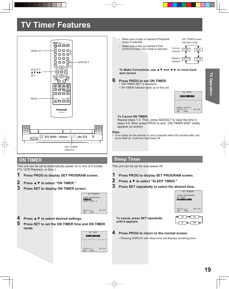 Tv timer features, On timer sleep timer | Panasonic PV-DF206M User Manual | Page 19 / 64
