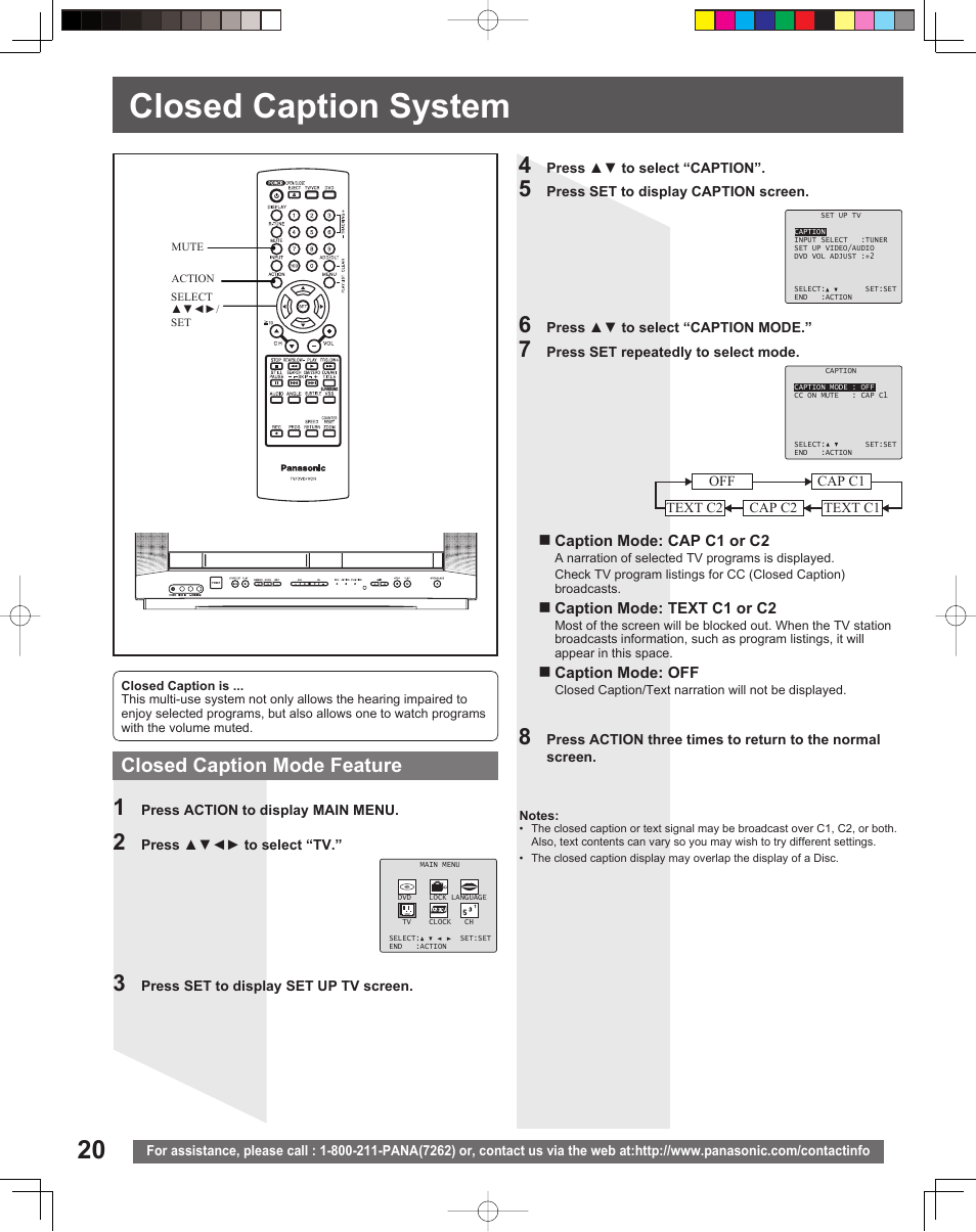 Closed caption system, Closed caption mode feature | Panasonic PV-DF206M User Manual | Page 20 / 64