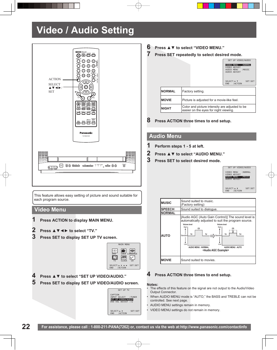 Video/audio setting, Video / audio setting, Video menu audio menu | Panasonic PV-DF206M User Manual | Page 22 / 64