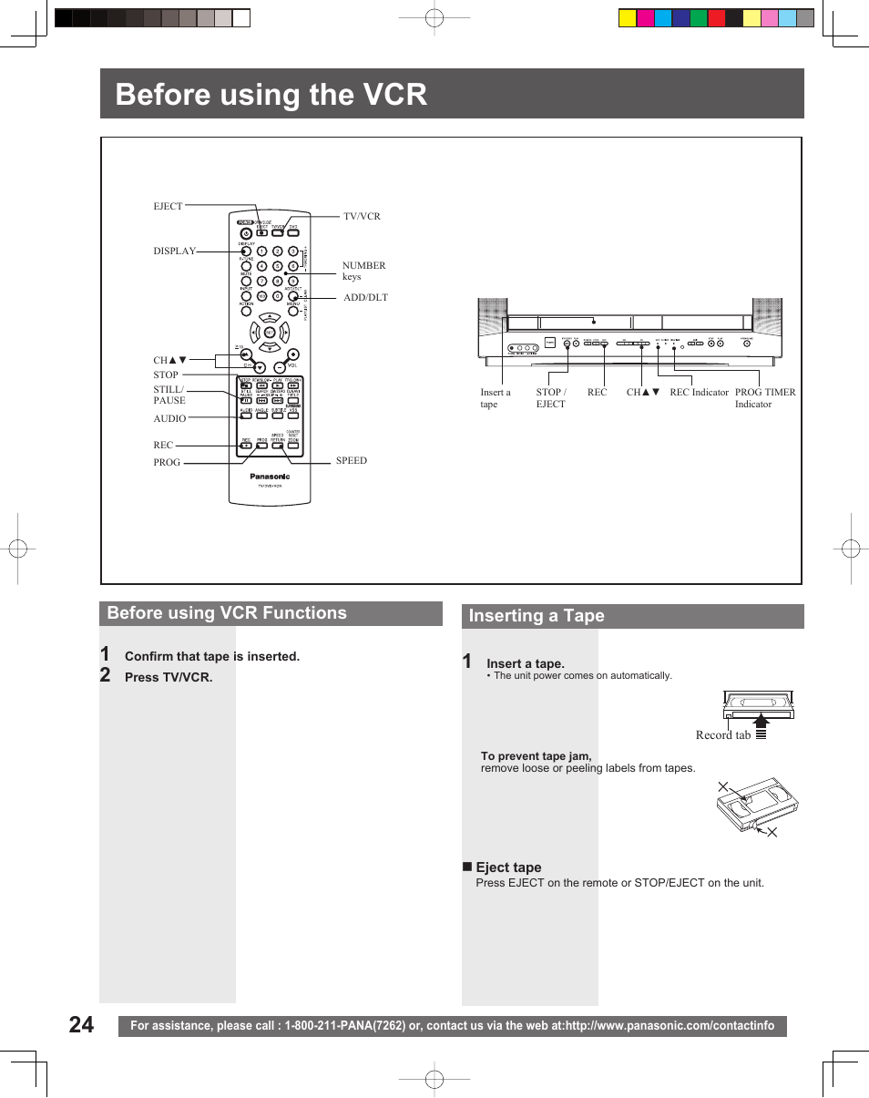 Before using the vcr, Before using vcr functions, Inserting a tape | Panasonic PV-DF206M User Manual | Page 24 / 64