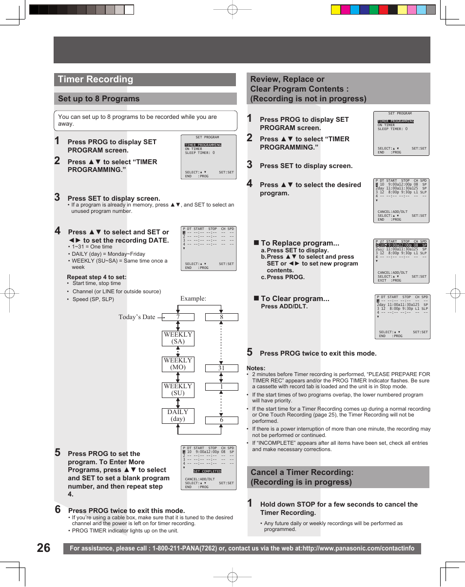 Timer recording, Set up to 8 programs | Panasonic PV-DF206M User Manual | Page 26 / 64