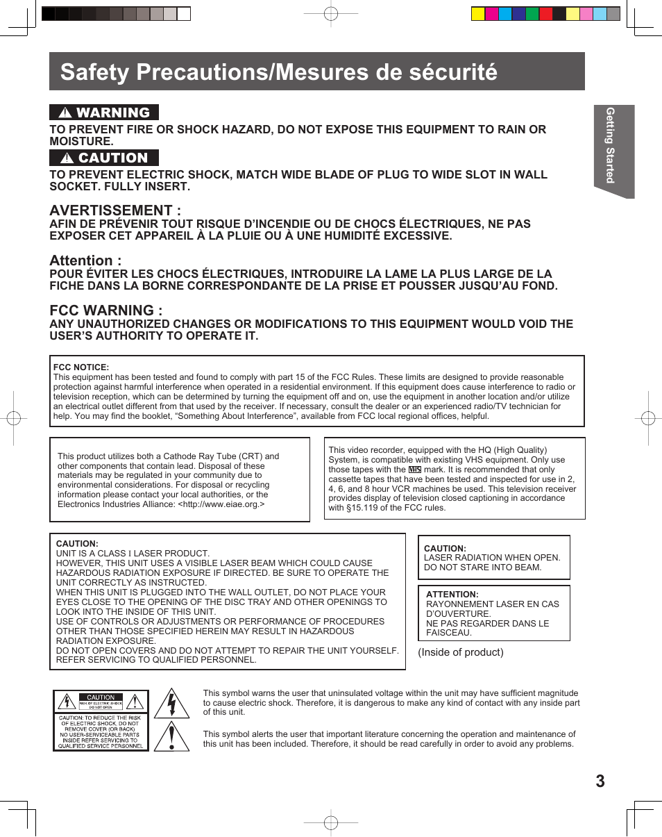 Safety precautions/mesures de securite, Safety precautions/mesures de sécurité, Fcc warning | Avertissement, Attention, Warning caution | Panasonic PV-DF206M User Manual | Page 3 / 64