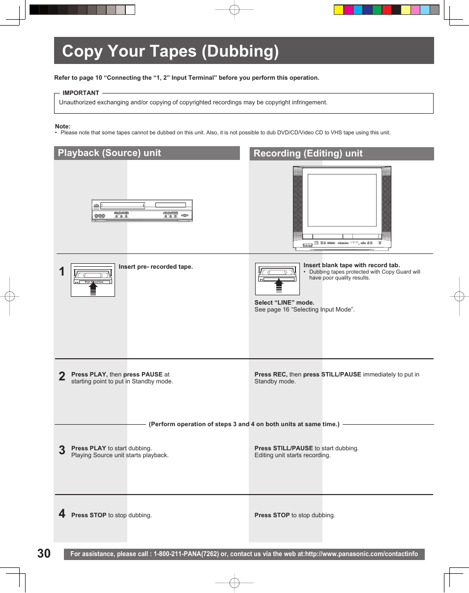 Copy your tapes (dubbing), Copy your tapes (dub bing), Playback (source) unit recording (editing) unit | Panasonic PV-DF206M User Manual | Page 30 / 64