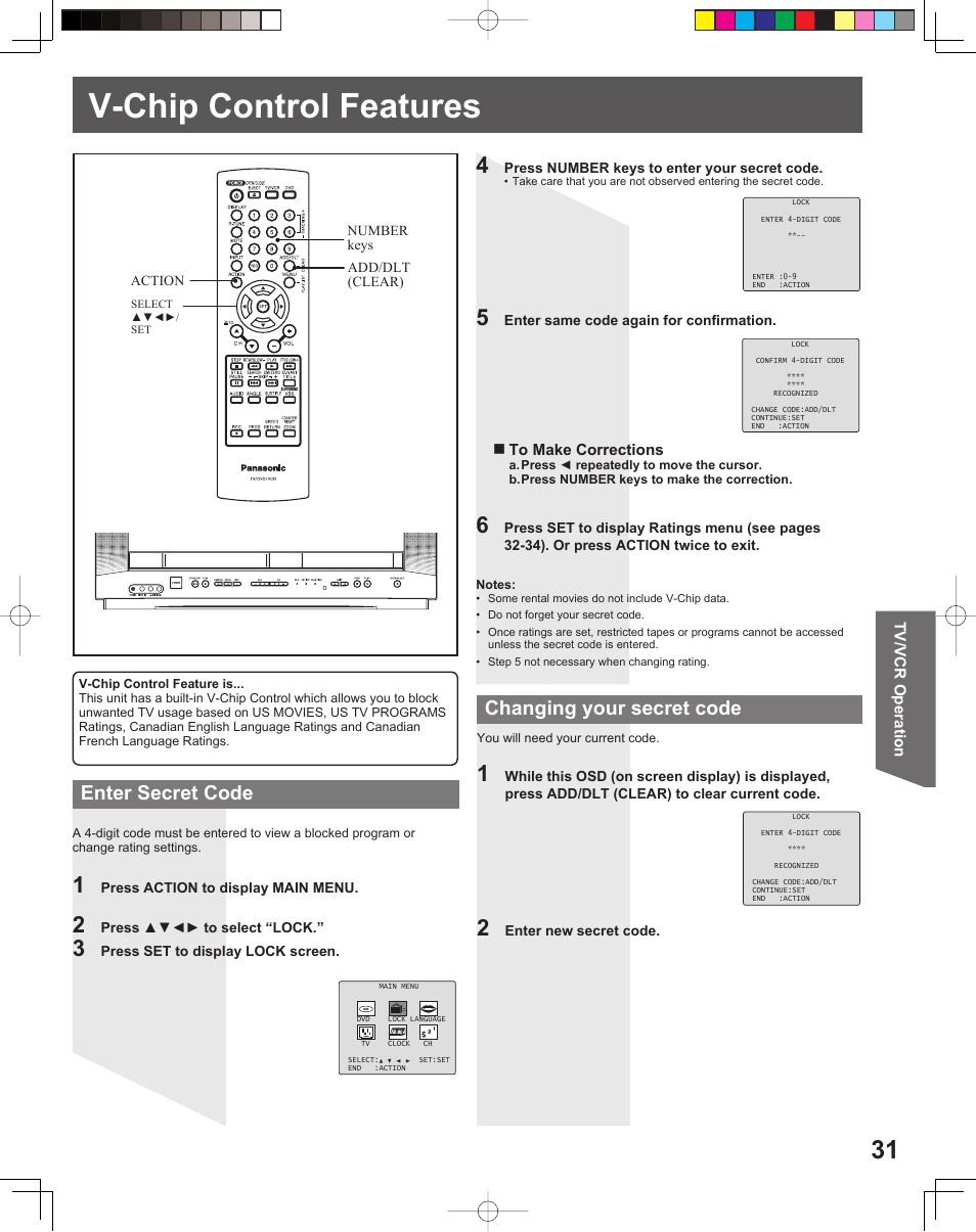 V-chip control features, Enter secret code changing your secret code | Panasonic PV-DF206M User Manual | Page 31 / 64