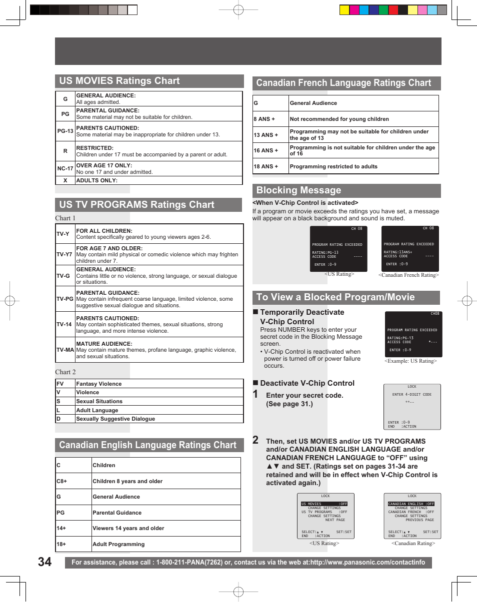 Blocking message, Temporarily deactivate v-chip control, Deactivate v-chip control | Panasonic PV-DF206M User Manual | Page 34 / 64