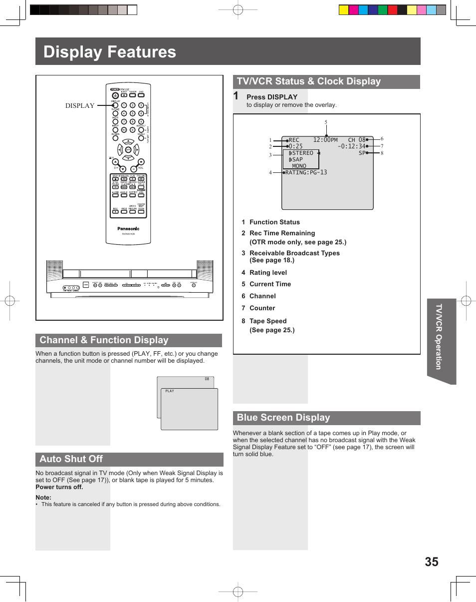 Display features, Auto shut off | Panasonic PV-DF206M User Manual | Page 35 / 64