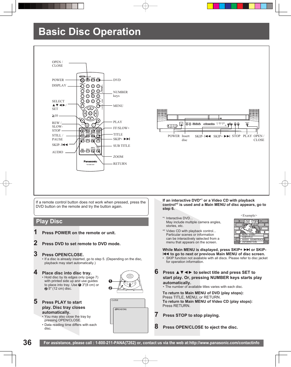 Disc operation, Basic disc operation, Play disc | Panasonic PV-DF206M User Manual | Page 36 / 64