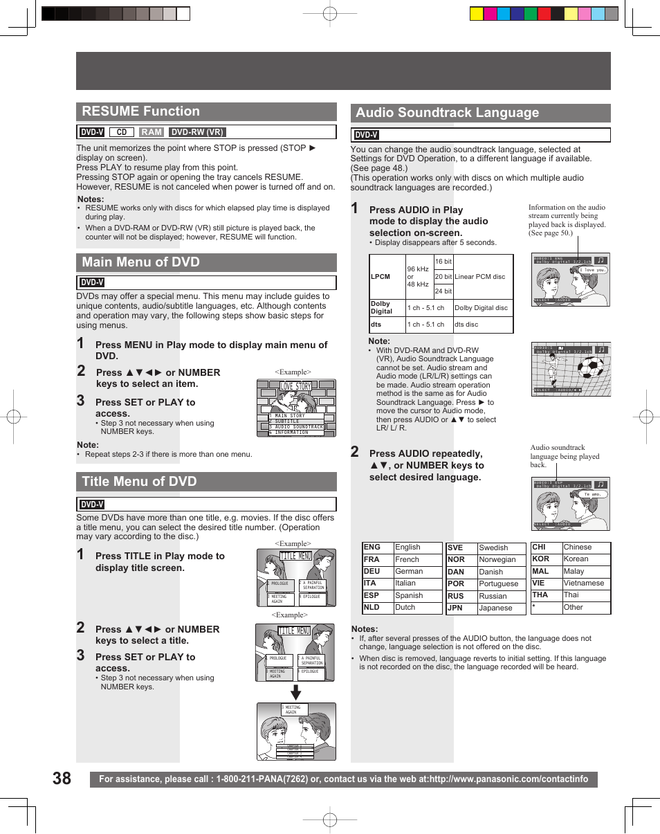 Main menu of dvd title menu of dvd, Audio soundtrack language, Resume function | Title menu, Love story | Panasonic PV-DF206M User Manual | Page 38 / 64