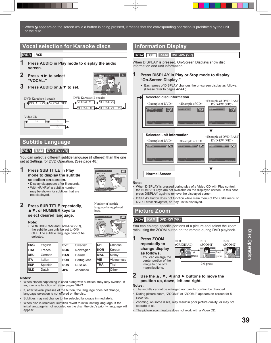 Vocal selection for karaoke discs, Subtitle language, Information display | Picture zoom, Disc operation | Panasonic PV-DF206M User Manual | Page 39 / 64