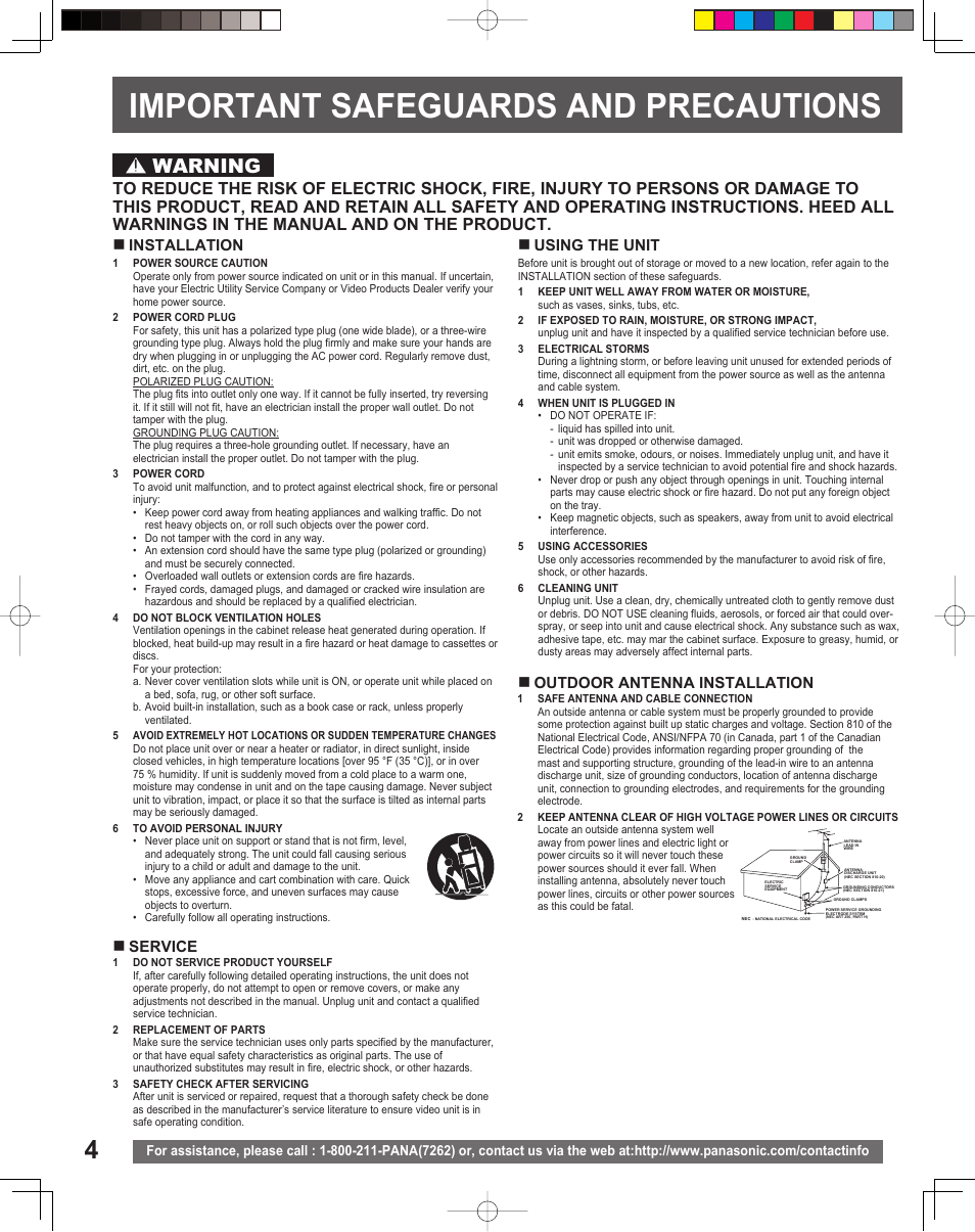 Important safeguards and precautions, Important safeguards and pre cau tions, Warning | Installation, Using the unit service, Outdoor antenna installation | Panasonic PV-DF206M User Manual | Page 4 / 64