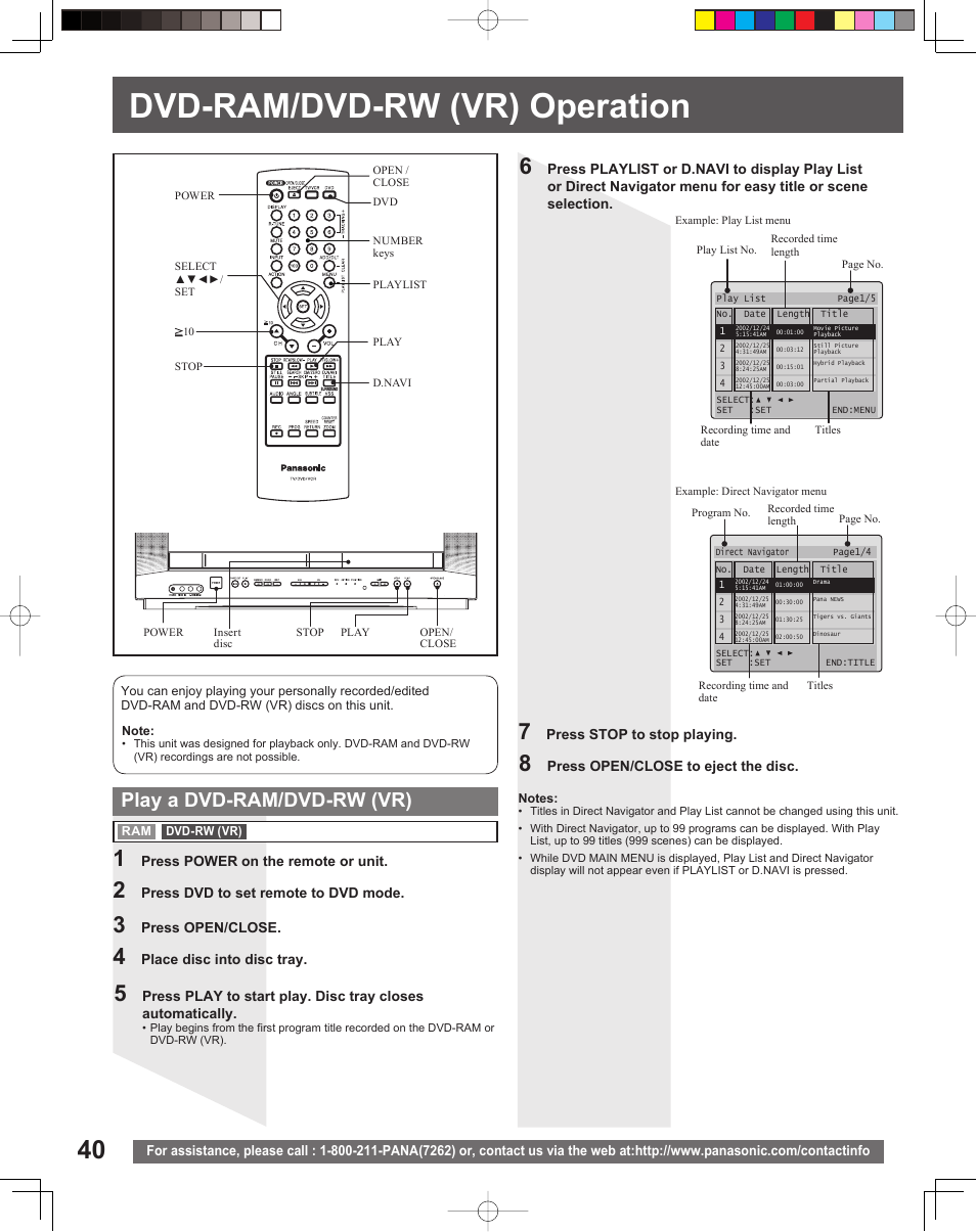 Dvd-ram/dvd-rw (vr) operation, Play a dvd-ram/dvd-rw (vr) | Panasonic PV-DF206M User Manual | Page 40 / 64