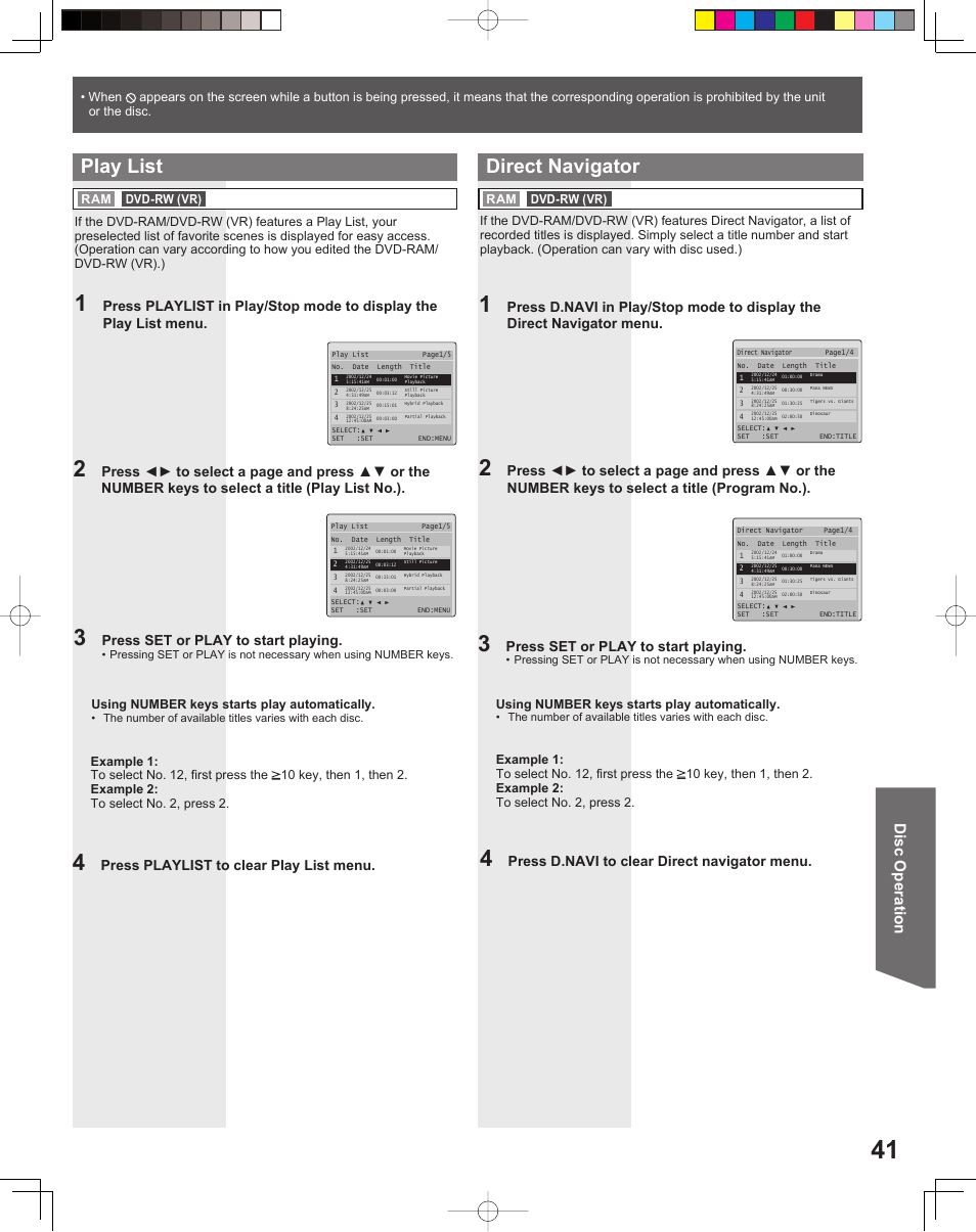 Direct navigator, Play list, Disc operation | Press d.navi to clear direct navigator menu, Press playlist to clear play list menu, Press set or play to start playing | Panasonic PV-DF206M User Manual | Page 41 / 64