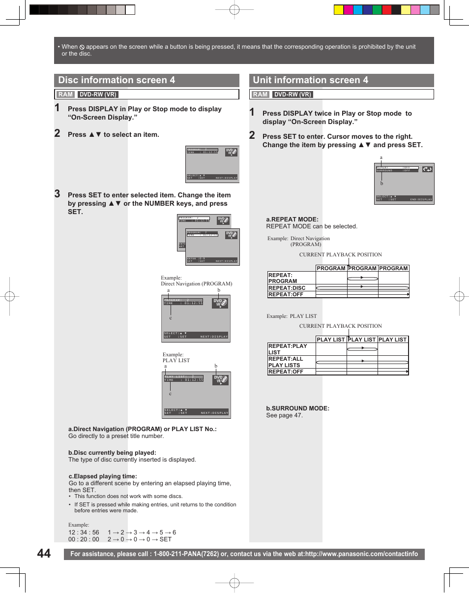 Unit information screen 4, Disc information screen 4 | Panasonic PV-DF206M User Manual | Page 44 / 64
