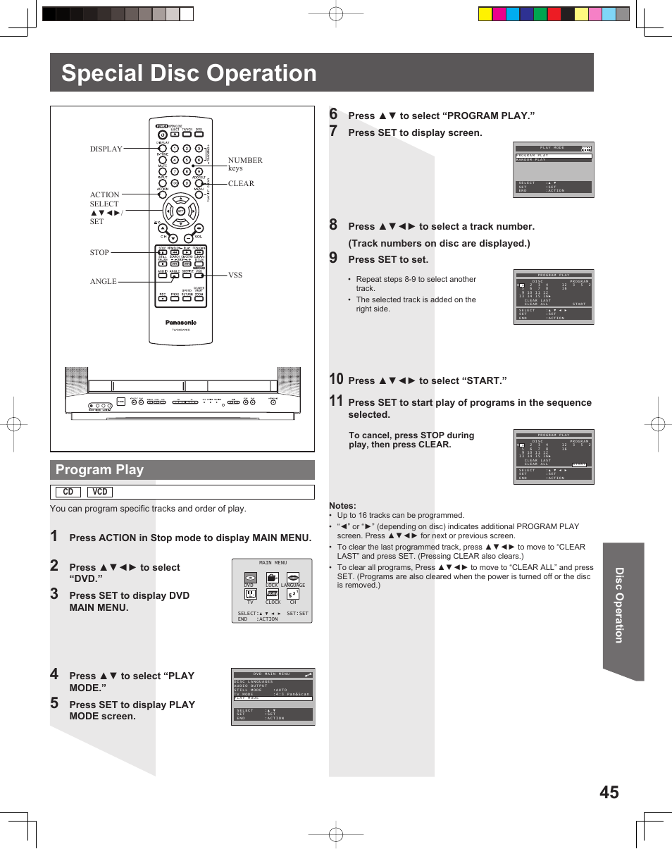 Special disc operation, Program play, Disc operation | Panasonic PV-DF206M User Manual | Page 45 / 64