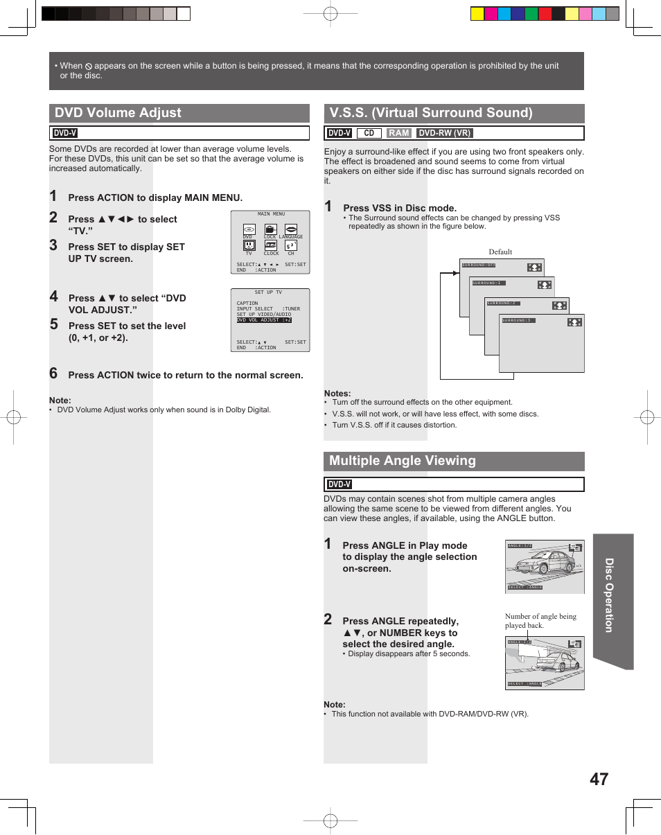 Dvd volume adjust v.s.s. (virtual surround sound), Multiple angle viewing | Panasonic PV-DF206M User Manual | Page 47 / 64