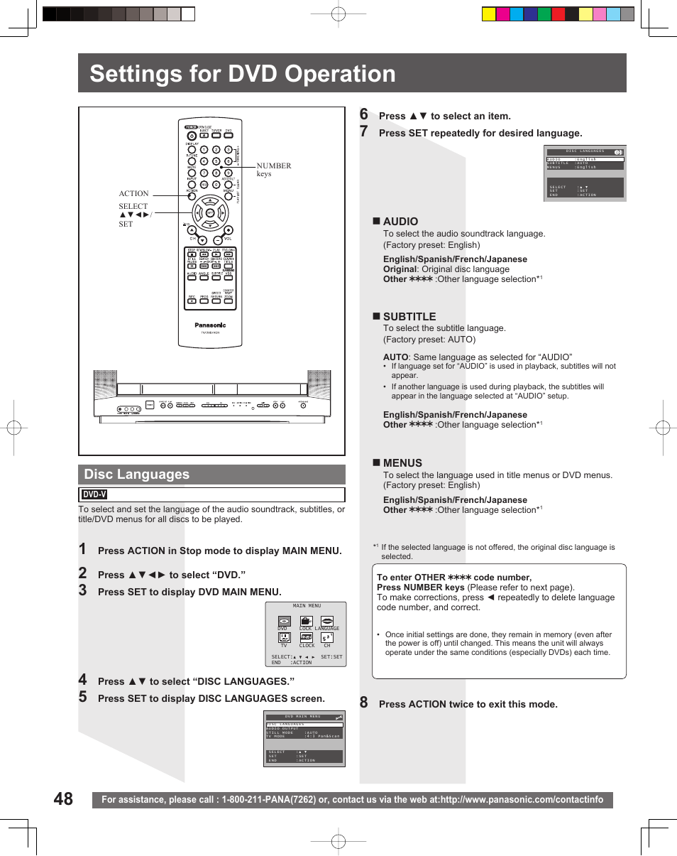 Settings for dvd operation, Disc languages | Panasonic PV-DF206M User Manual | Page 48 / 64