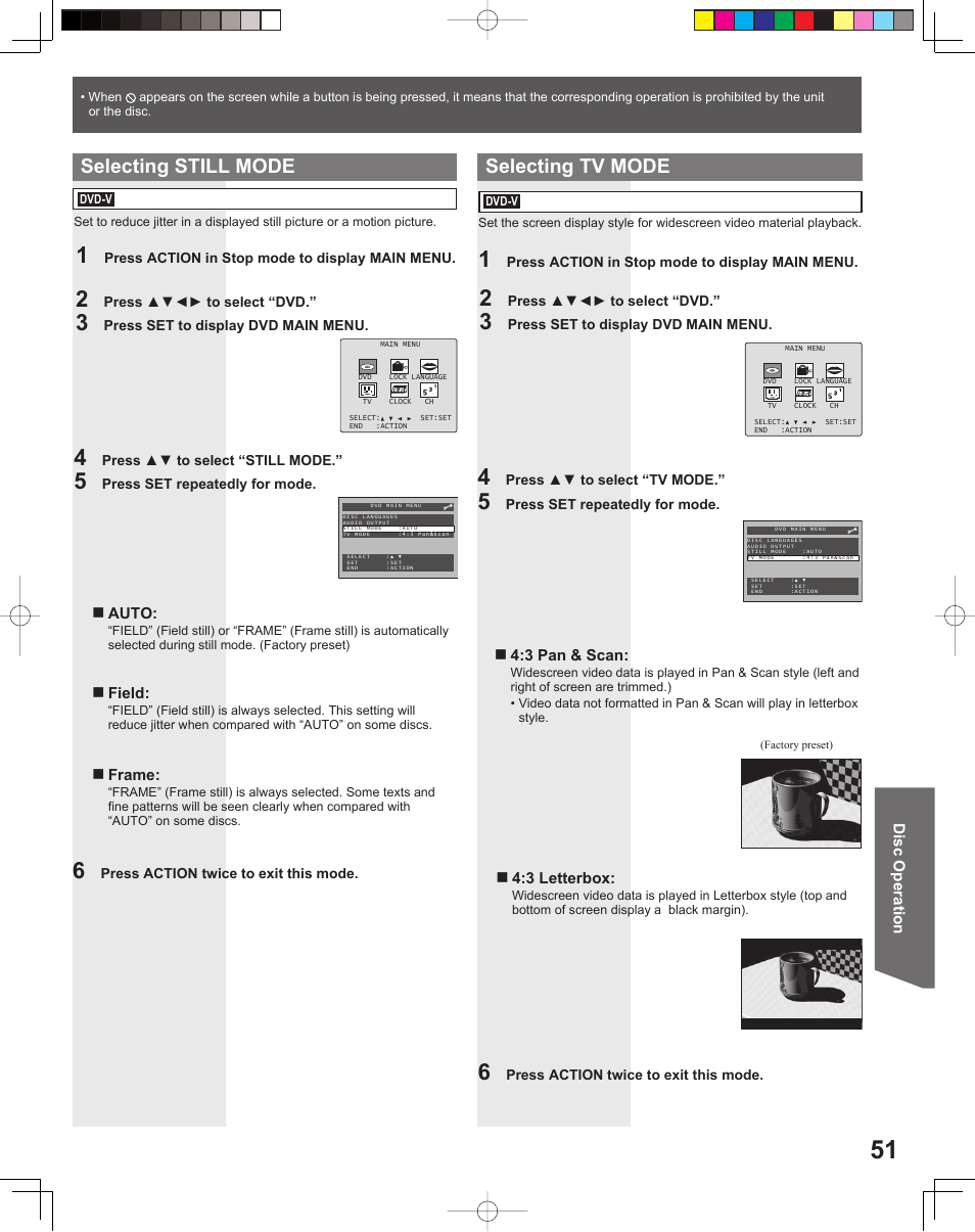 Selecting still mode, Selecting tv mode | Panasonic PV-DF206M User Manual | Page 51 / 64