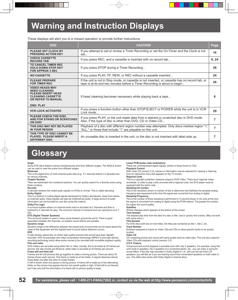 Information, Warning and instruction displays, Glossary | Warning and instruction displays glossary | Panasonic PV-DF206M User Manual | Page 52 / 64