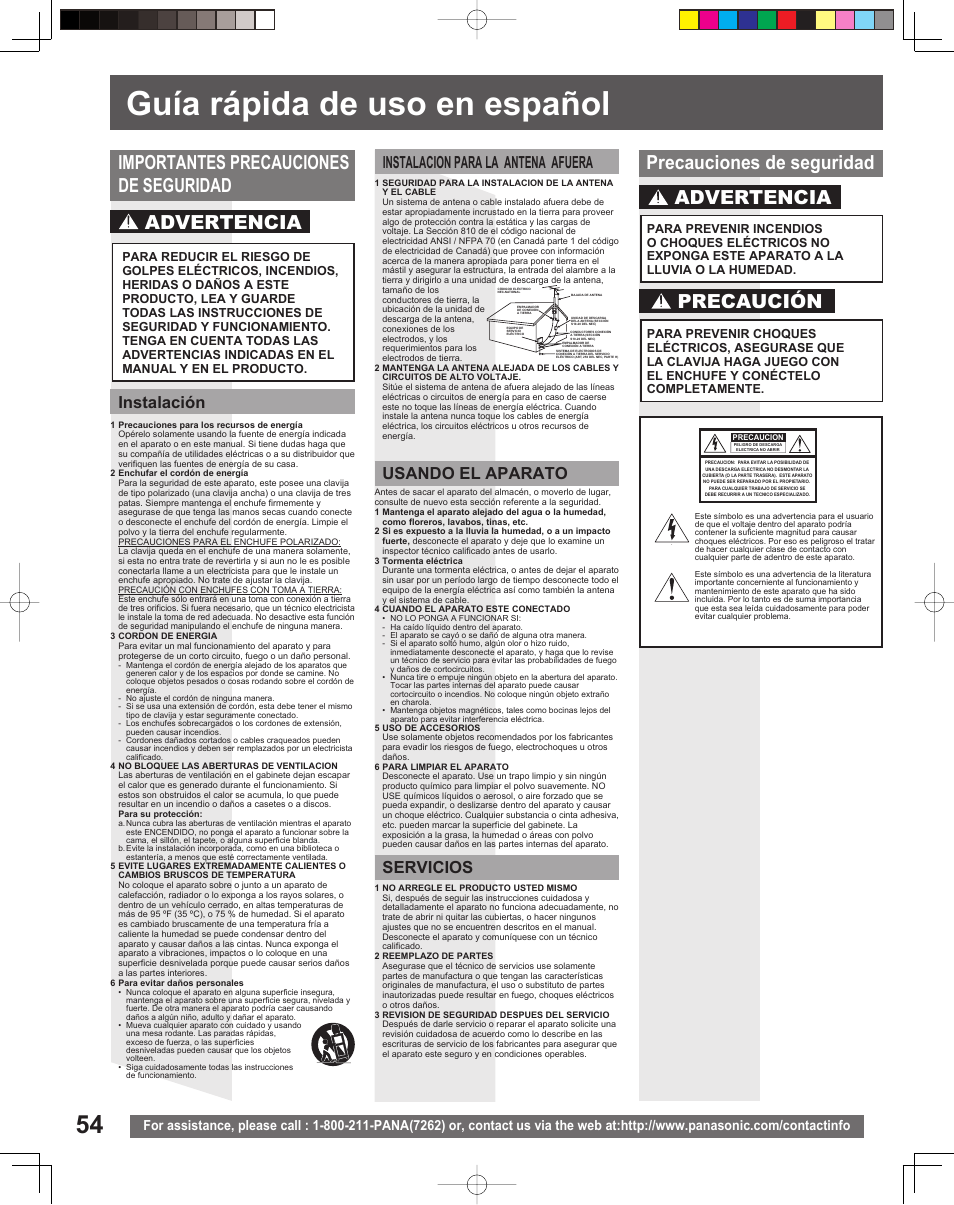 Guia rapida de uso en espanol, Guía rápida de uso en español, Precauciones de seguridad | Panasonic PV-DF206M User Manual | Page 54 / 64