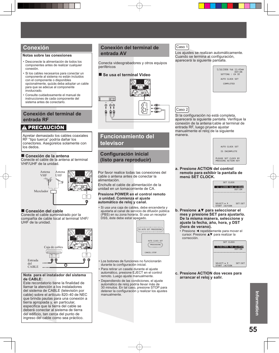 Conexión funcionamiento del televisor, Conexión del terminal de entrada rf, Conexión del terminal de entrada av precaución | Configuración inicial (listo para reproducir), Informationinformation | Panasonic PV-DF206M User Manual | Page 55 / 64