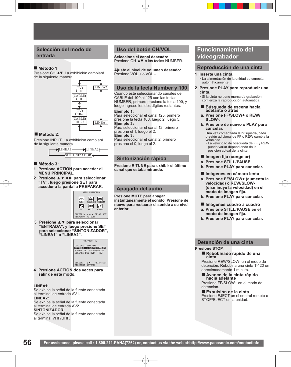 Funcionamiento del videograbador, Reproducción de una cinta, Detención de una cinta | Panasonic PV-DF206M User Manual | Page 56 / 64