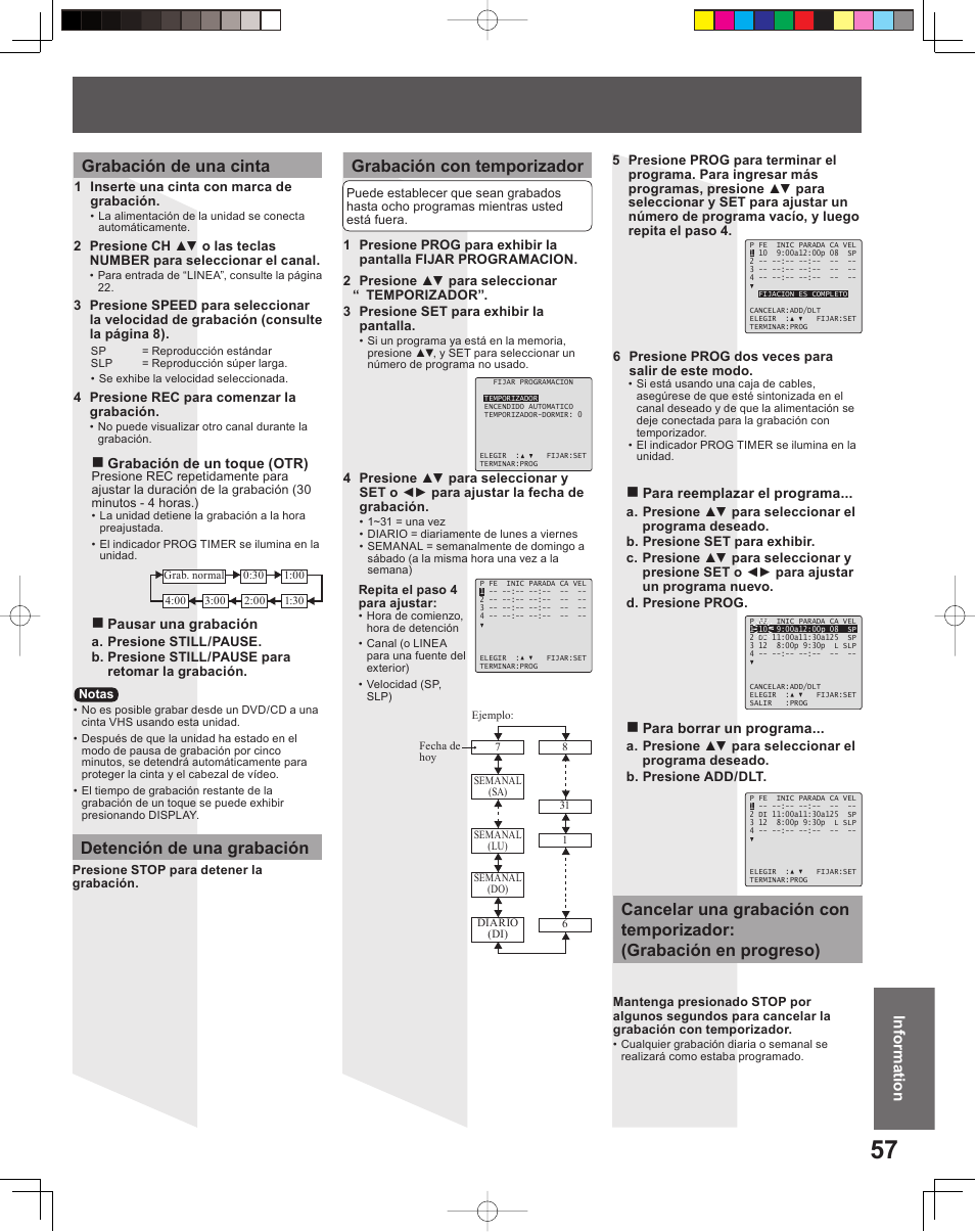 Grabación de una cinta, Detención de una grabación, Informationinformation | Panasonic PV-DF206M User Manual | Page 57 / 64