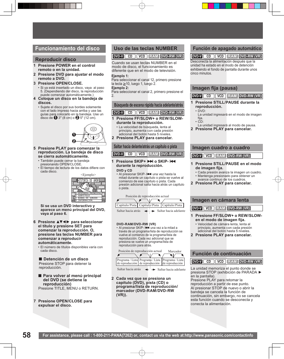 Funcionamiento del disco, Reproducir disco, Historia de amor | Uso de las teclas number, Función de apagado automático | Panasonic PV-DF206M User Manual | Page 58 / 64