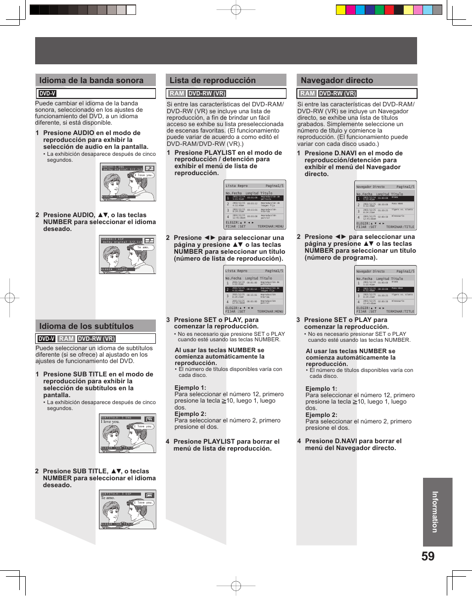 Idioma de la banda sonora, Idioma de los subtítulos, Navegador directo | Lista de reproducción, Informationinformation | Panasonic PV-DF206M User Manual | Page 59 / 64