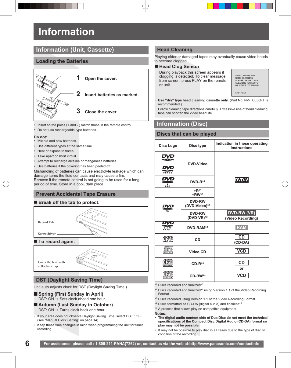 Information, Information (unit, cassette), Information (disc) | Dst (daylight saving time), Discs that can be played | Panasonic PV-DF206M User Manual | Page 6 / 64