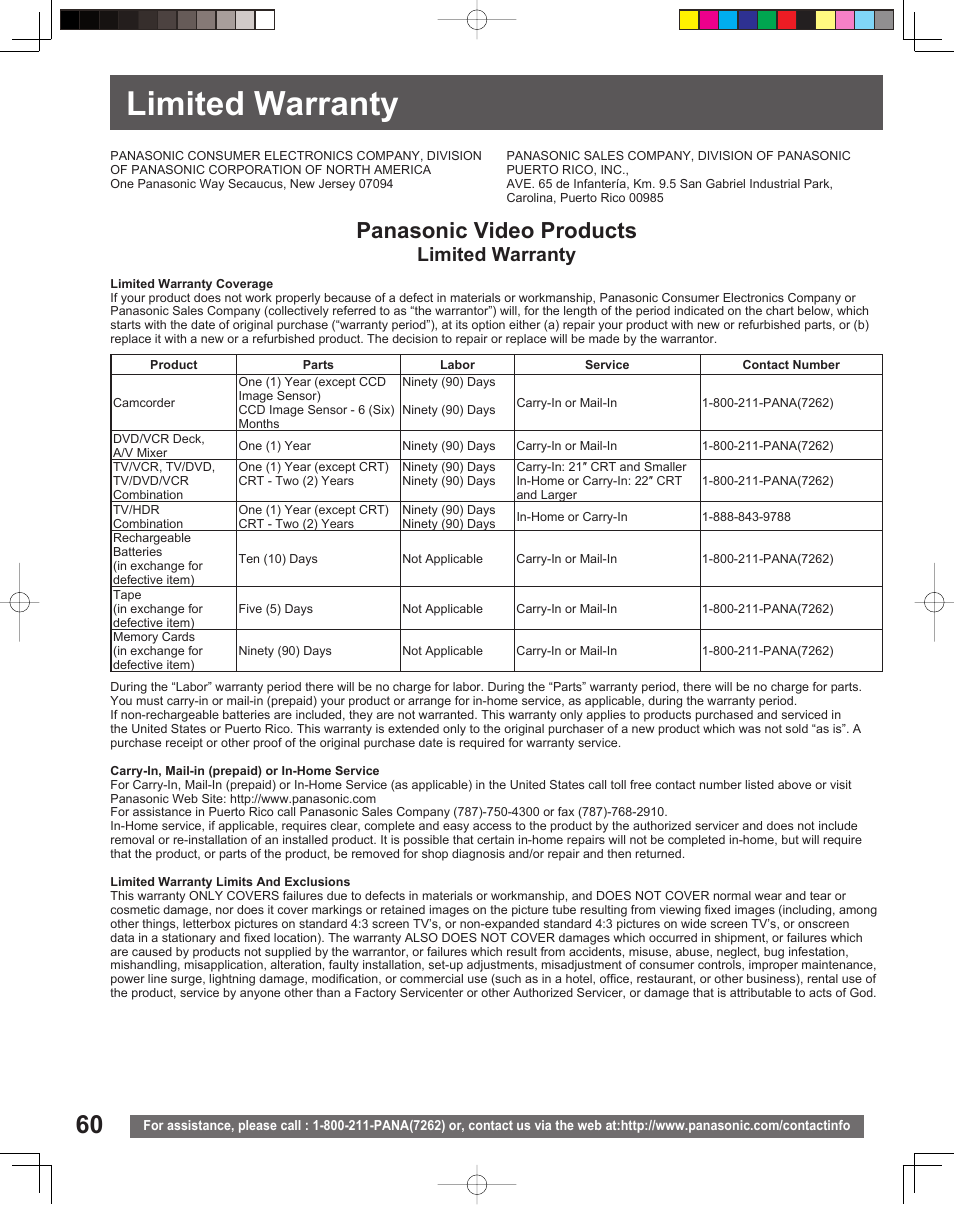 Limited warranty, Panasonic video products | Panasonic PV-DF206M User Manual | Page 60 / 64