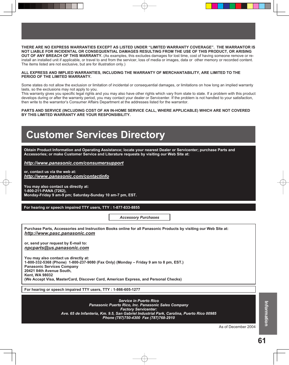 Customer services directory | Panasonic PV-DF206M User Manual | Page 61 / 64