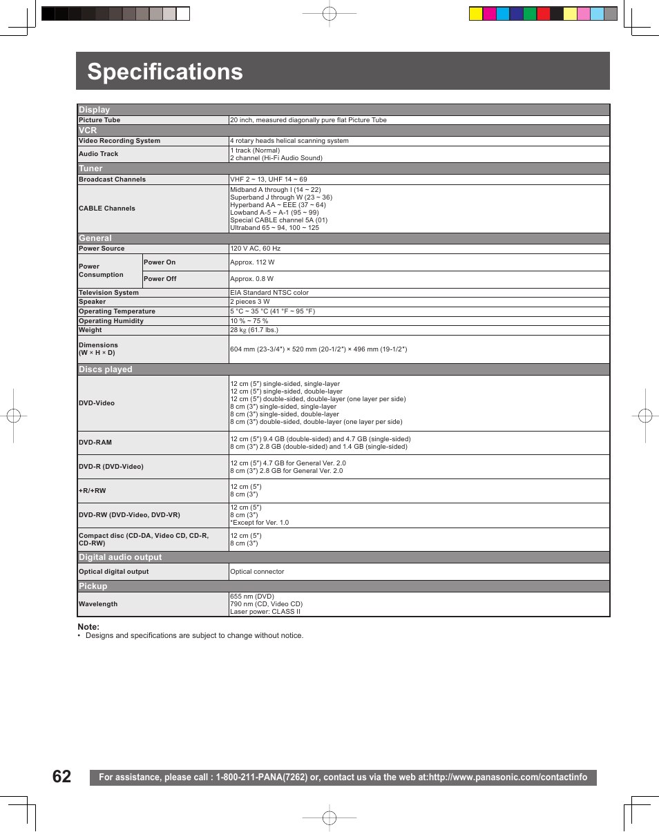 Specifications | Panasonic PV-DF206M User Manual | Page 62 / 64