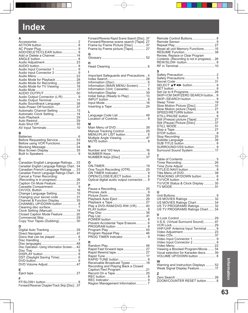 Index | Panasonic PV-DF206M User Manual | Page 63 / 64