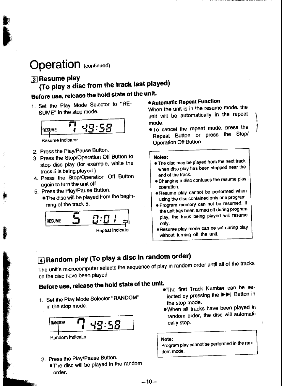 M resume play, 4] random play (to play a disc in random order), Before use, release the hold state of the unit | Operation, Jo*co | Panasonic SL-XP300 User Manual | Page 10 / 17